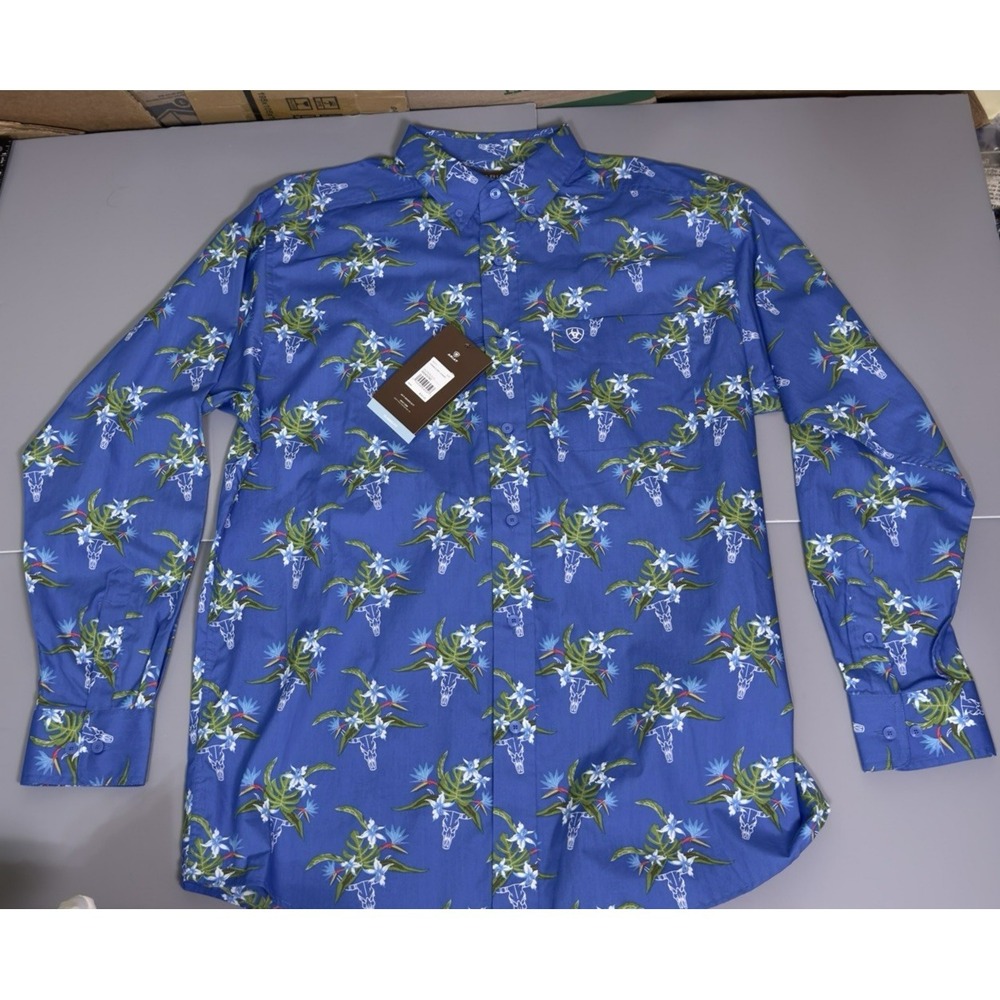ARIAT L Large Logan Classic Fit Shirt Long Sleeve Blue Animal Skull Floral Print - Picture 4 of 7